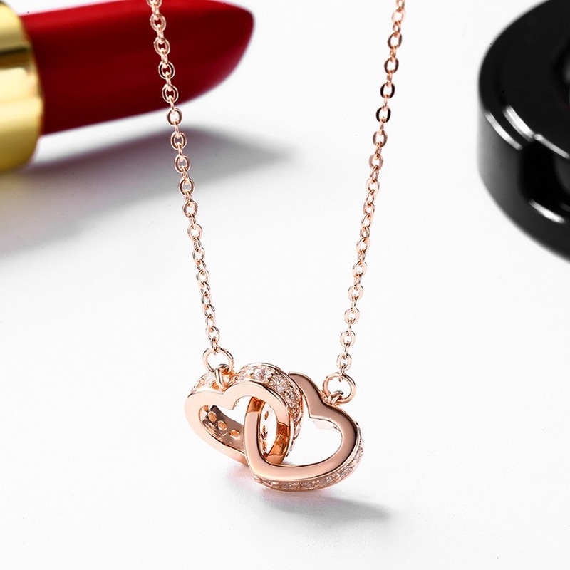 [Ready Stock]Fashion 18K Rose Gold Plated Double Ring Necklace Clavicle Chain