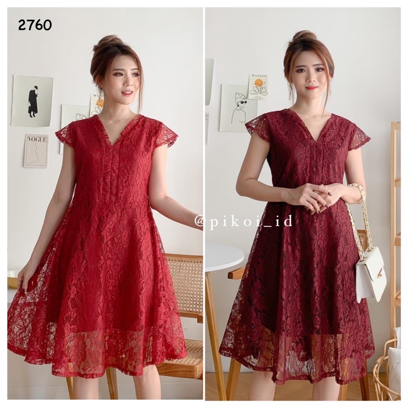 Dress merah maroon brukat imlek wanita / dress pesta cny lace v neck  / dress korean style lucu 2760