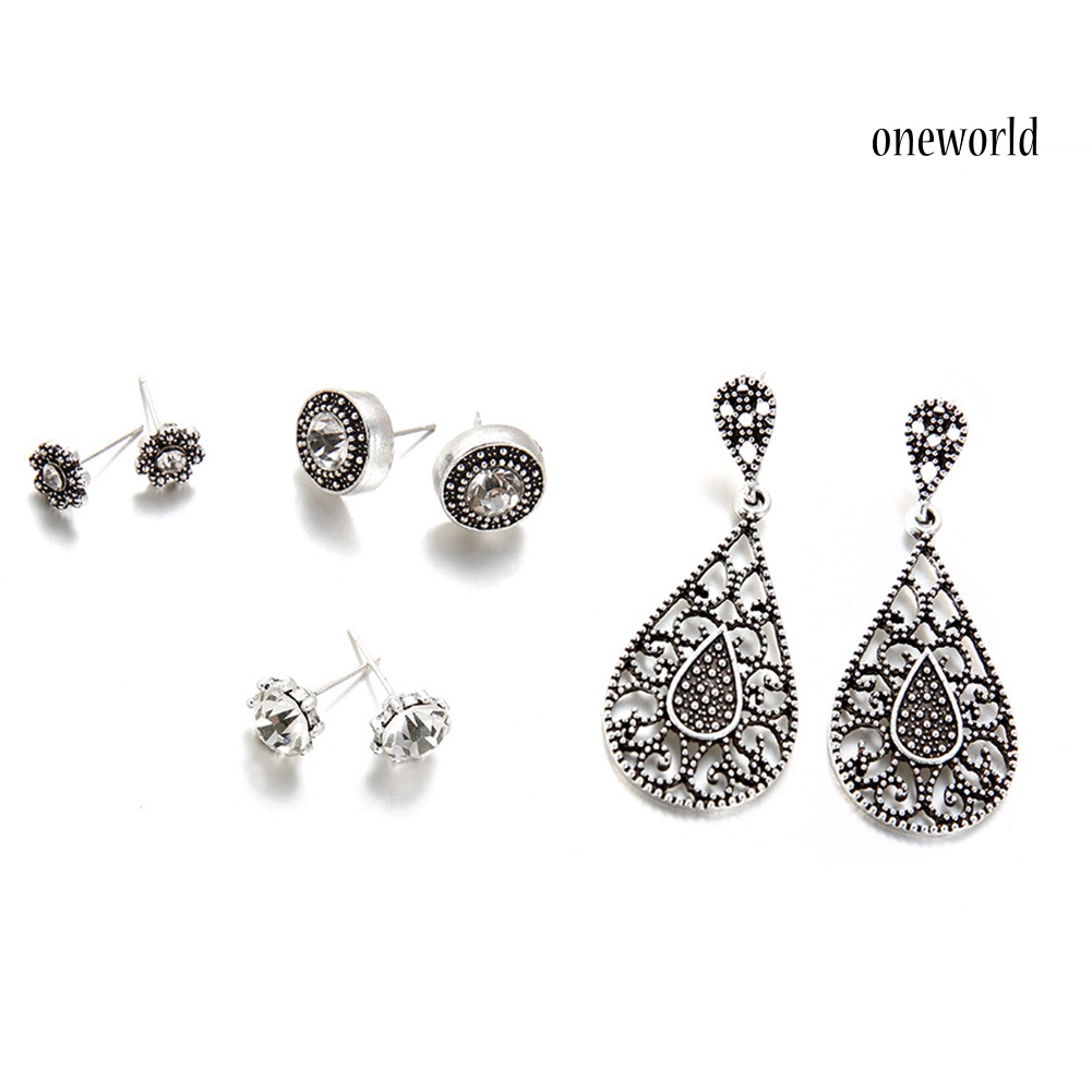 OW@ Boho Antique Silver Retro Hollow Waterdrop Pendant Stud Earrings Jewelry Set