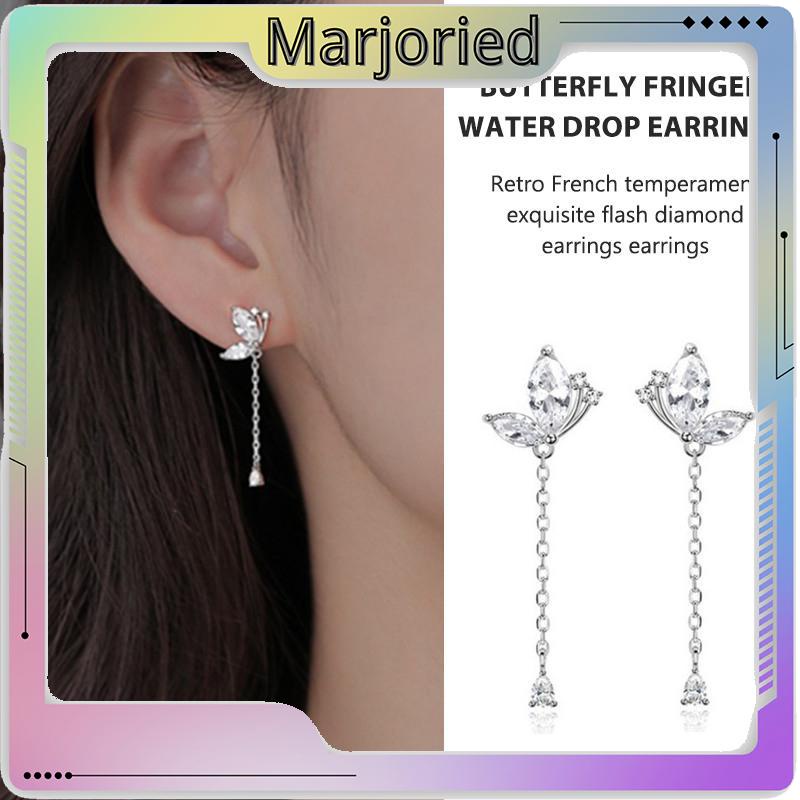 Anting Kupu-kupu Rumbai Drop Earrings Retro French Temperamen Indah Flash Diamond Earrings-MJD