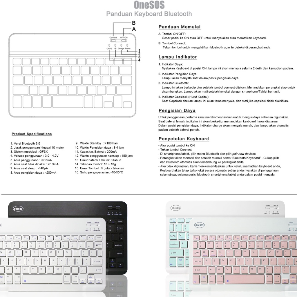 PAKET SUPER LENGKAP OneSOS Keyboard Wireless Bluetooth Laptop iPad Handphone / Mini Portable Phone Universal / Android Windows iOS Universal 9.8&quot;