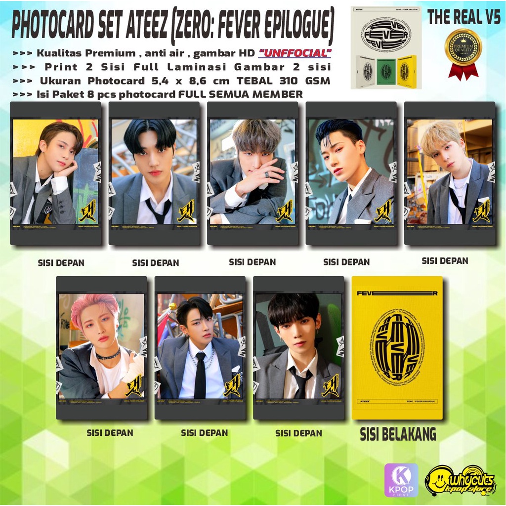 PHOTOCARD SET PREMIUM KPOP/ ATEEZ / ZERO FEVER EPILOGUE / PRINT 2 SISI FULL LAMINASI / ISI 1 SET 8PCS