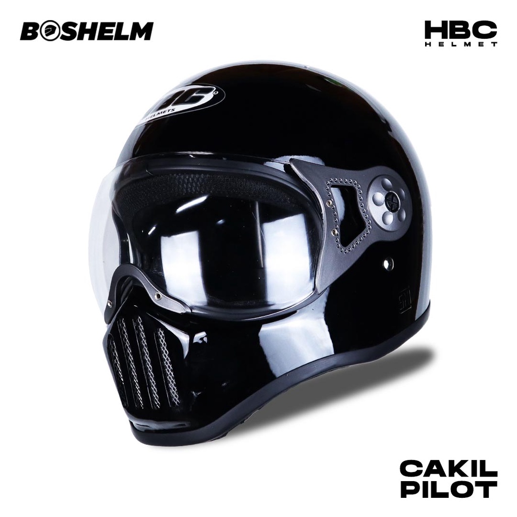 BOSHELM Helm Cakil Pilot HBC Solid HITAM GLOSSY Helm Retro Full Face SNI