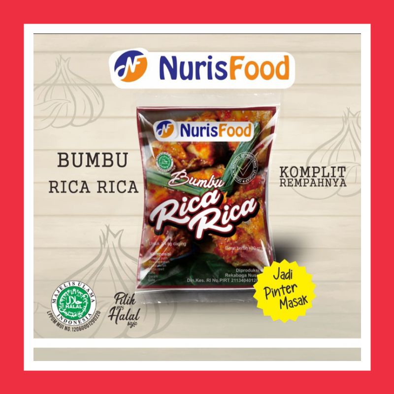 

NurisFood Bumbu Rica-rica Instan Citarasa Istimewa terbuat dari bahan alami rempah-rempah asli dari tanah air Indonesia seperti bawang merah bawang putih cabai lada jahe lengkuas ketumbar jintan daun jeruk daun salam garam gula dlm kemasan yg bagus & baik