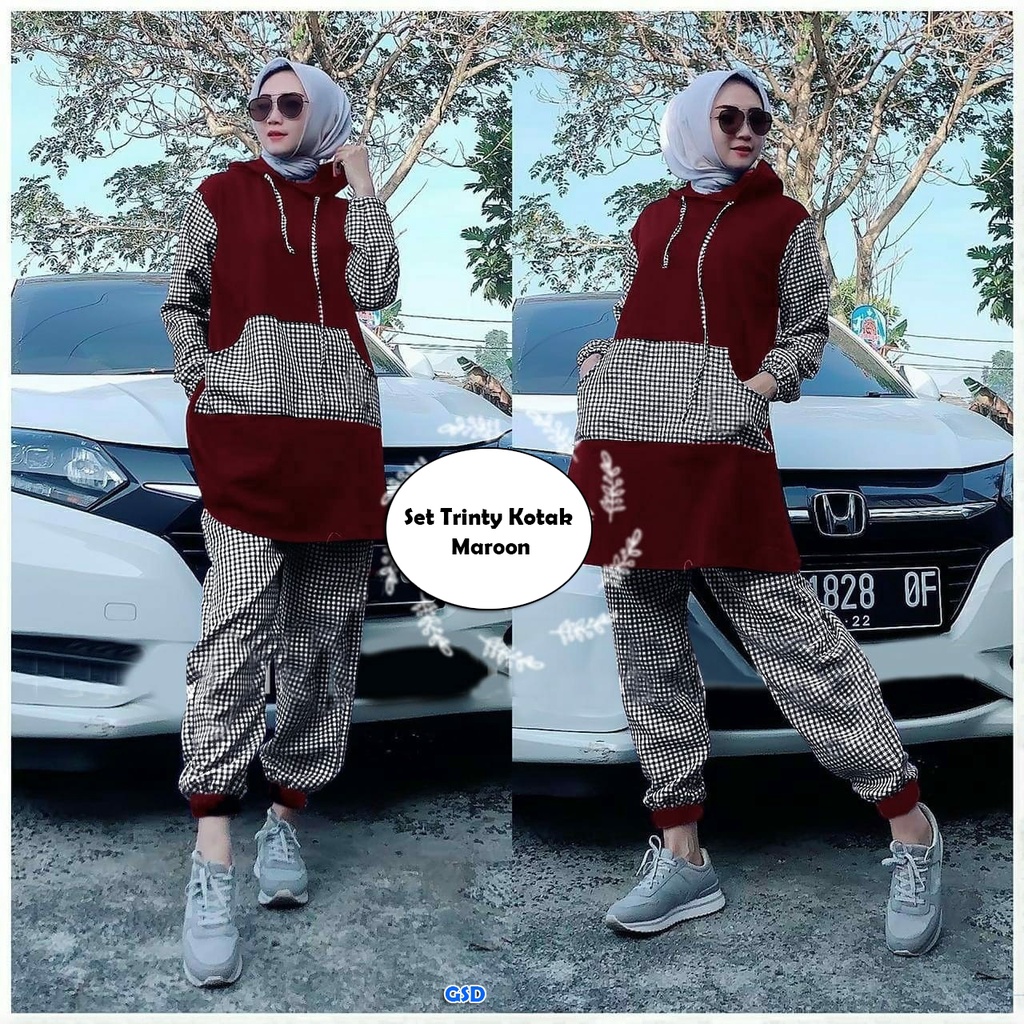 Trinty /Setelan Muslim Baju Dan Celana Jogger Panjang Wanita Casual Outfit Jalan Motif Kotak Ada Hoodie Bahan Babyterry