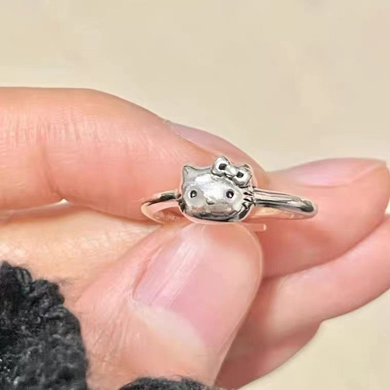 Perhiasan Cincin Alloy Lapis Silver Desain Anjing Beruang Kucing Lucu Untuk Wanita