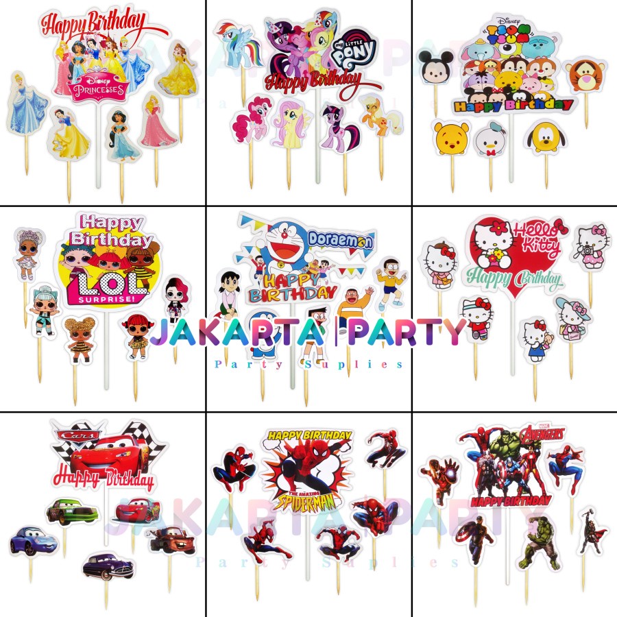 Cake topper karakter HBD/Cake Topper Tusuk Karakter/hiasan Kue Ulangtahun/1 Set Cake Topper Happy Bi