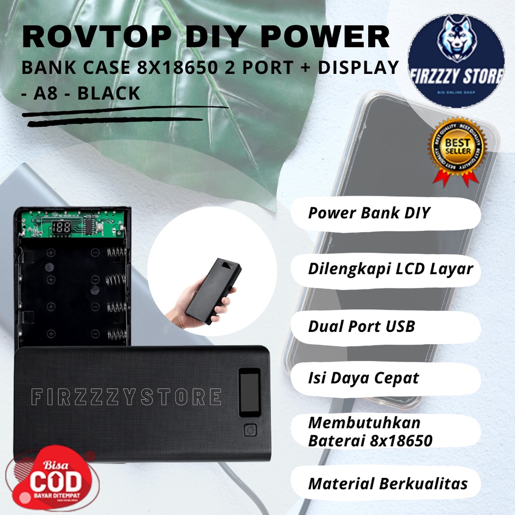 ROVTOP DIY Power Bank Case 8x18650 2 Port + Display - A8 - Black