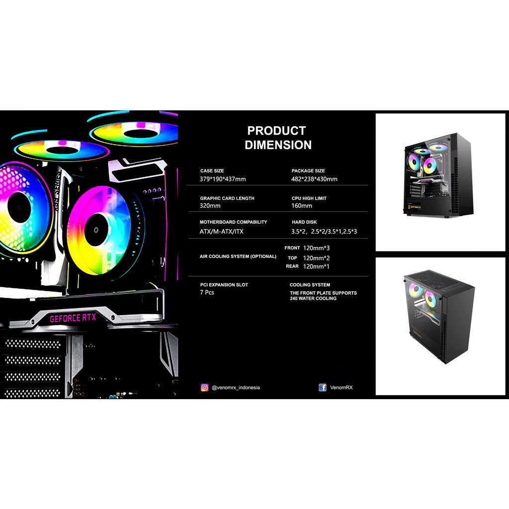 VenomRX Elden Black + 3 Fan RGB Casing PC Gaming