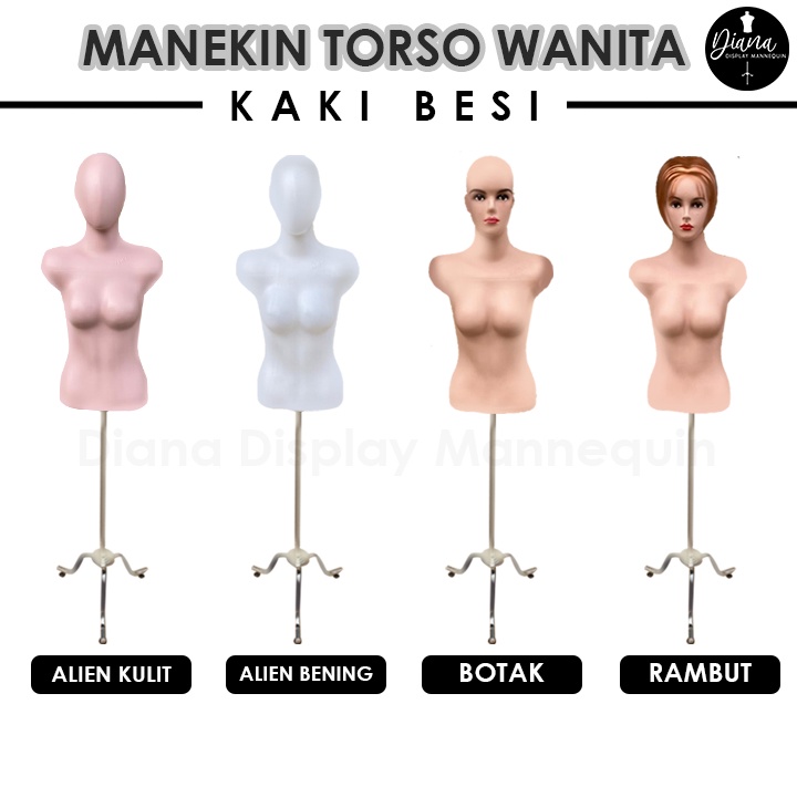 PATUNG MANEKIN BAJU TORSO WANITA DEWASA SETENGAH BADAN DENGAN KEPALA SET KAKI KAYU KAKI BESI