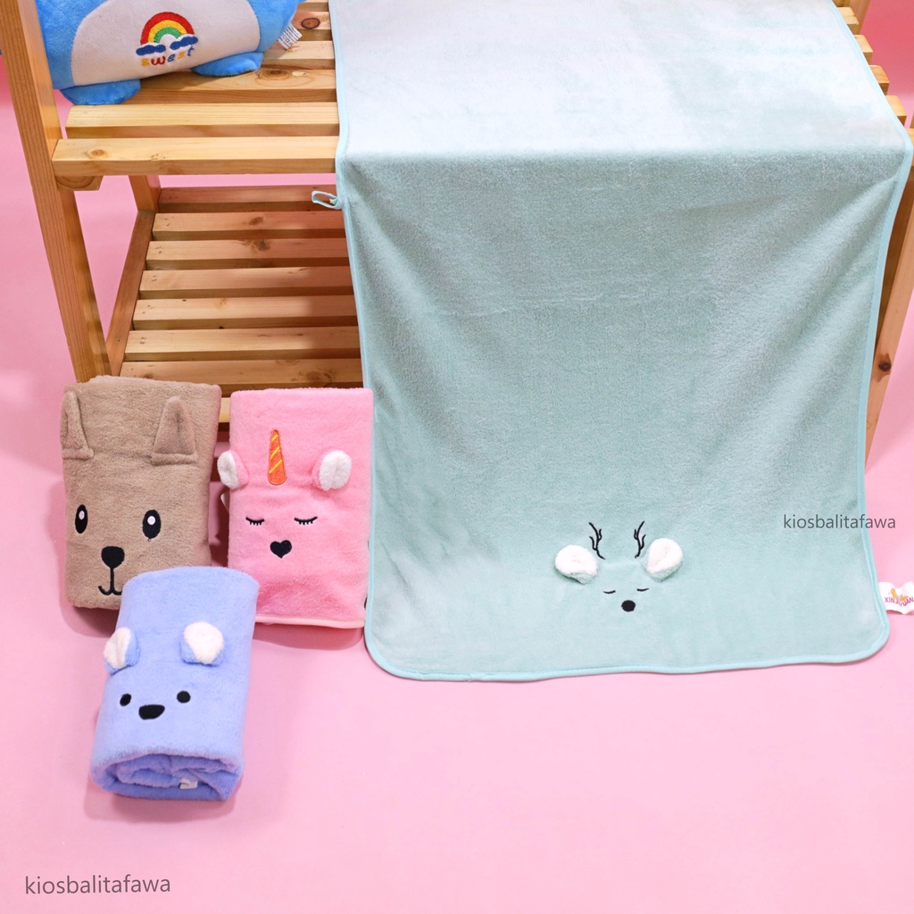 Handuk Anak Karakter / Motif Telinga Timbul Perlengkapan Mandi Bayi Balita Anak Perempuan Laki Laki Murah Kado Towel Bahan Lembut SNI Microfiber Branded