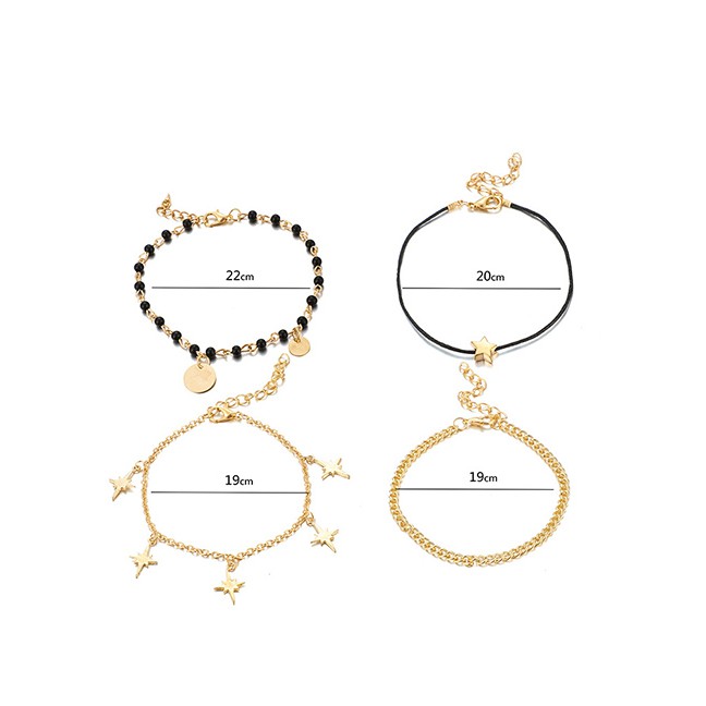 LRC Gelang Kaki Fashion Gold Geometric Alloy Disc Rice Beads Five-pointed Star 4 Layer Anklet D09315