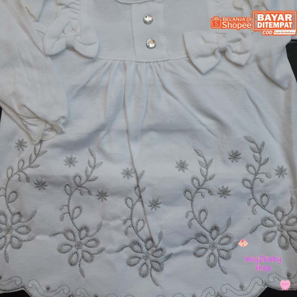 Baju lebaran bayi set gamis panjang bahan premium jilbab putih bordir karakter Baby Flower