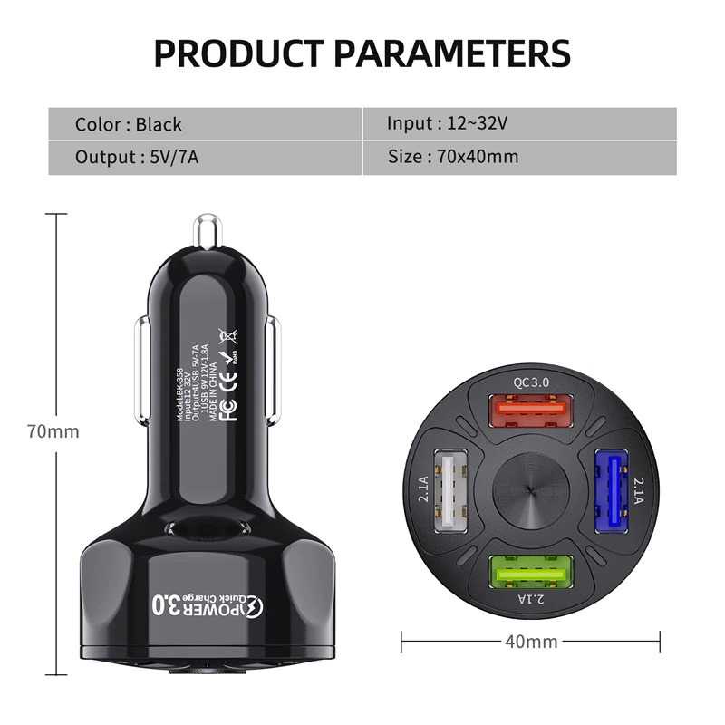 Car Charger Mobil USB 4 Port QC3.0 35W 7A / Car Charger Carger Mobil Alya Fast Charging / Kepala Colokan Charger Mobil Fast Charger / Adapter Adaptor Cas Casan Charger Hp Mobil Fast Charging / Usb Mobil Charger / Cas Casan Charger Hp Mobil Avanza Brio