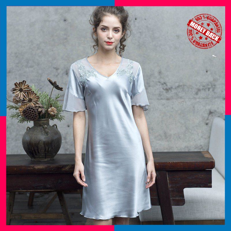 Baju Tidur Piyama Wanita Dewasa Impor Sleepwear Women Female Short-sleeved Mid-skirt Ice Silk Sexy S
