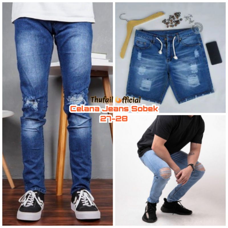 CELANA PENDEK JEANS SOBEK TALI KOLOR RAWIS/CELANA DISTRO PRIA RAWIS