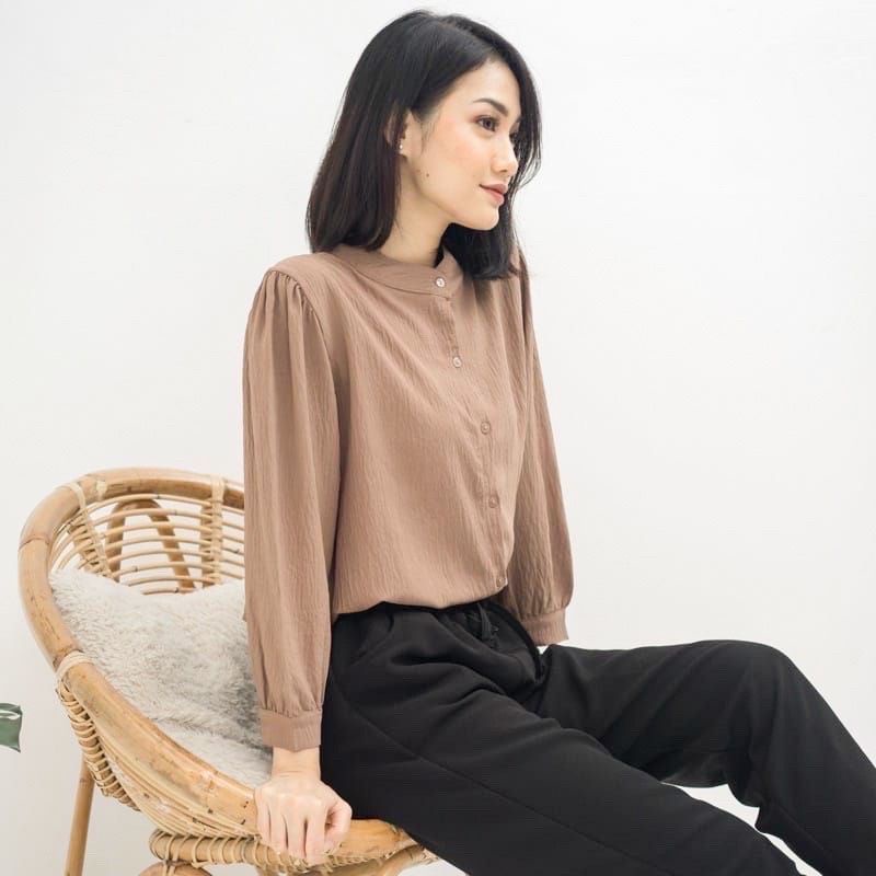 Aisa Blouse Crinkle Fit to XL Premium Kemeja Formal Kerja / River Blouse Crinkle Krah Sanghai Kemeja Wanita Polos-AISA MILO