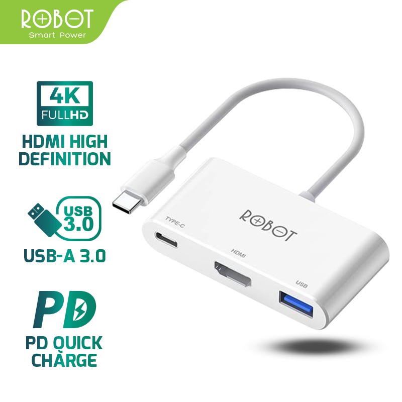 ROBOT HT430 3 in 1 USB C HUB Adapter, With HDMI 4K, PD 100W, USB3.0 White - ORIGINAL Garansi 1 Tahun