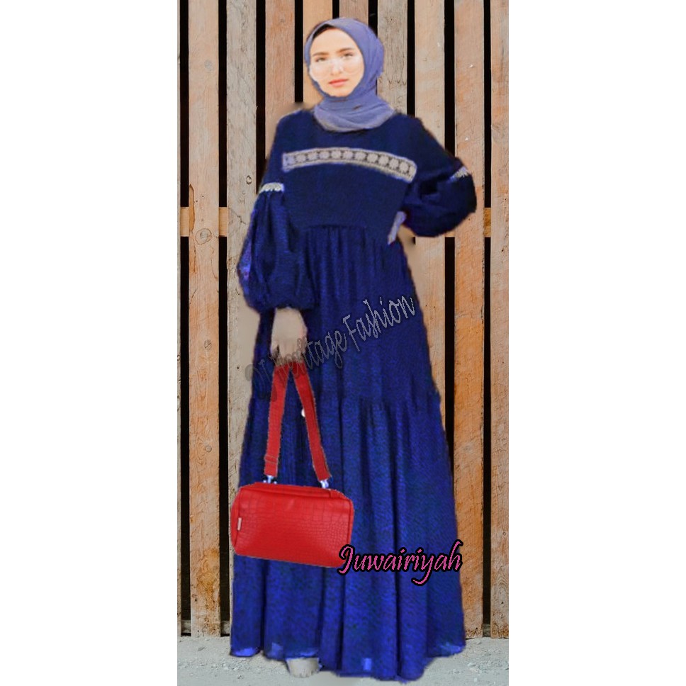 Gamis Cantik Mix Tile Polkadot Moscrepe Lengan Balon Variasi Renda Juwairiyah