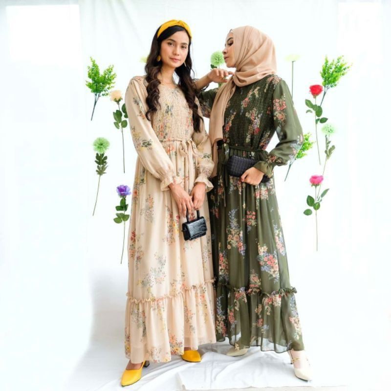 Gamis Ceruty Babydoll Premium Motif Bunga | Gamis Korea Vintage Premium | Dress Remaja Mewah Untuk O