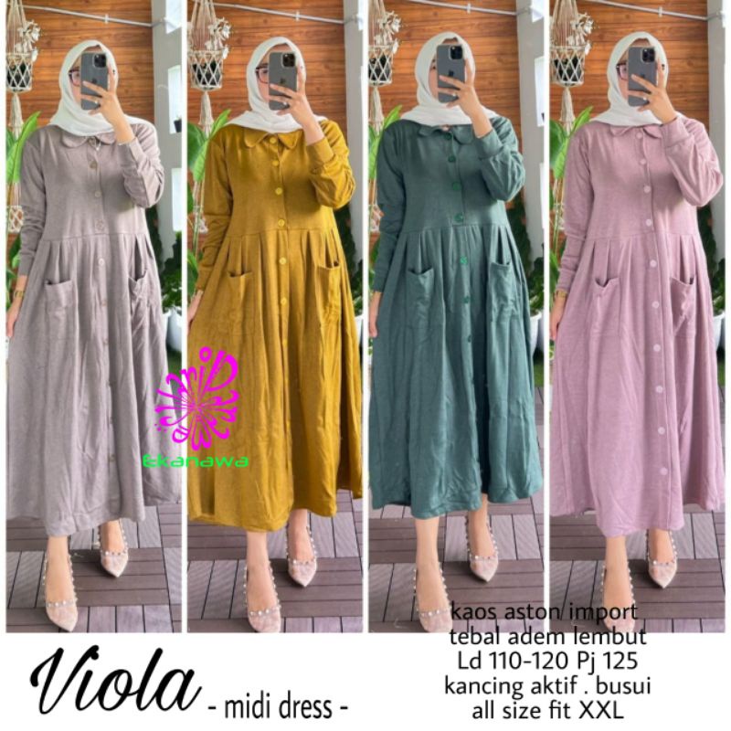 VIOLA MIDI DRESS BY EKANAWA/KAOS ASTON IMPORT TEBAL ADEM DAN LEMBUT LD 110-120/KANCING AKTIF BUSUI F