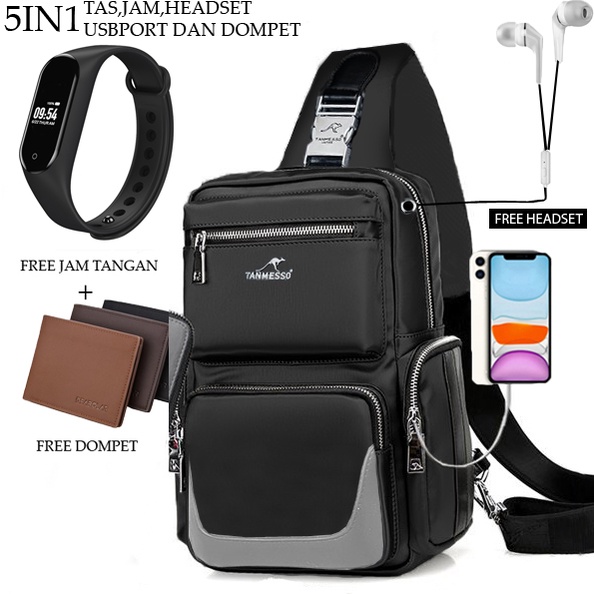 Tanmesoo 5IN1 TAS BONUS JAM &amp;DOMPET,USBPORT &amp;HEADSET -TAS SELEMPANG PRIA sling bag usb port 11