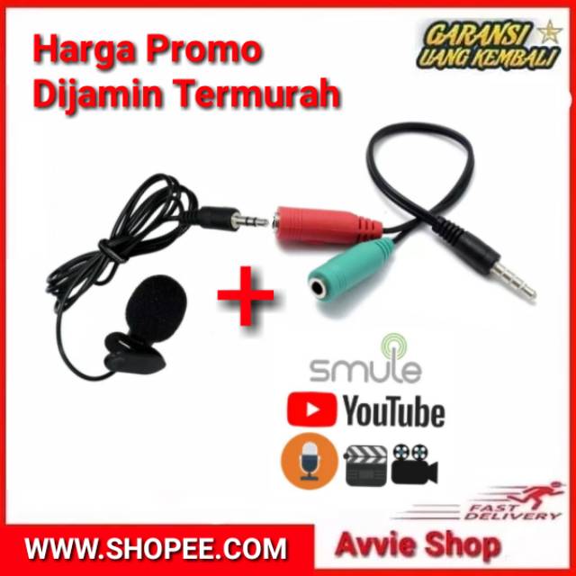Paket Youtube Youtuber Vlog Vlogger Smule Alat Rekam Rekaman - Mic Clip on & Audio Splitter kabel