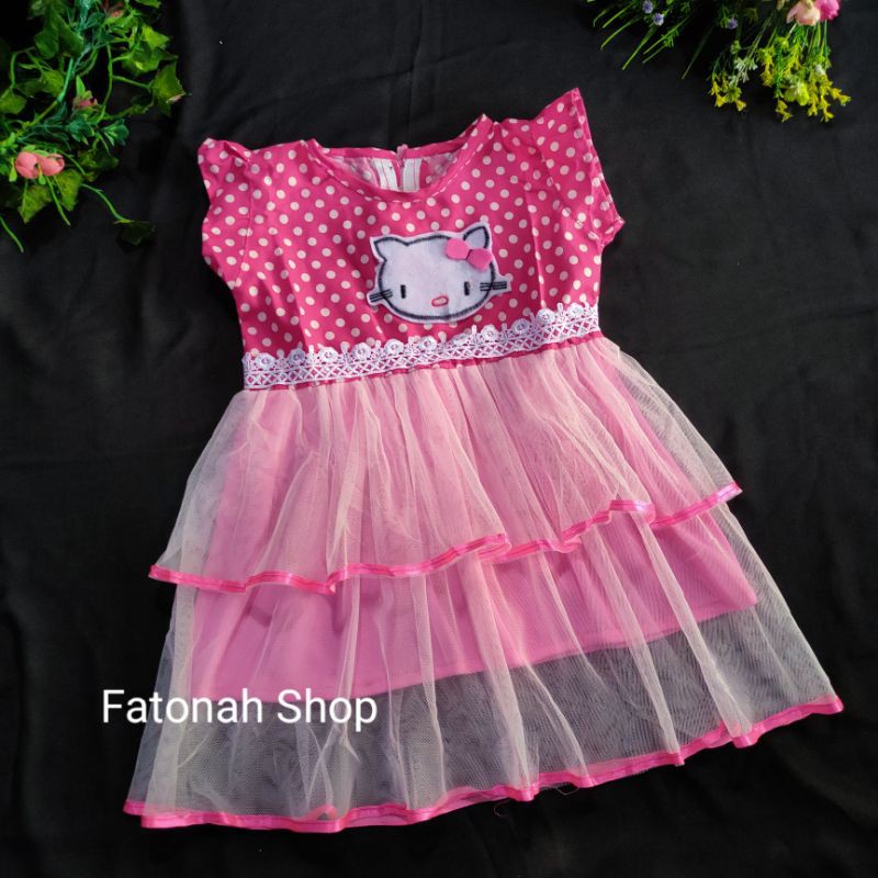 Dress anak 1-2 tahun gaun tutu anak cewek gaun anak perempuan hijau hellokitty ( dress SAP kitie )