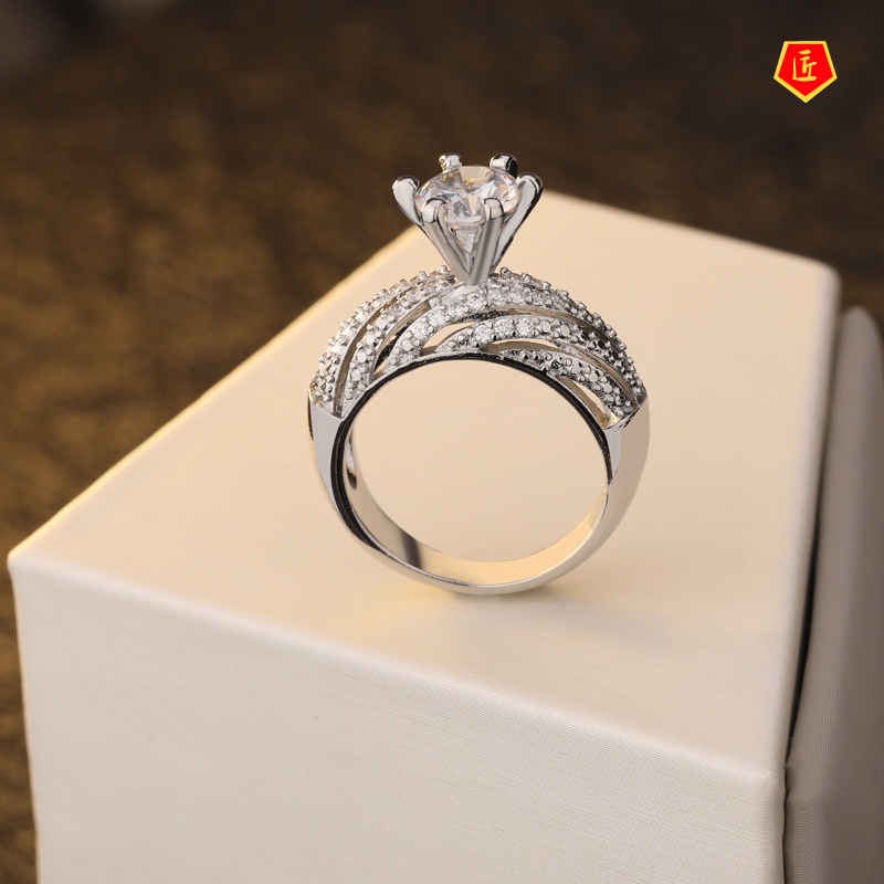 [Ready Stock]Full Diamond Moissanite Ring Set Female S925 Silver Simple Temperament