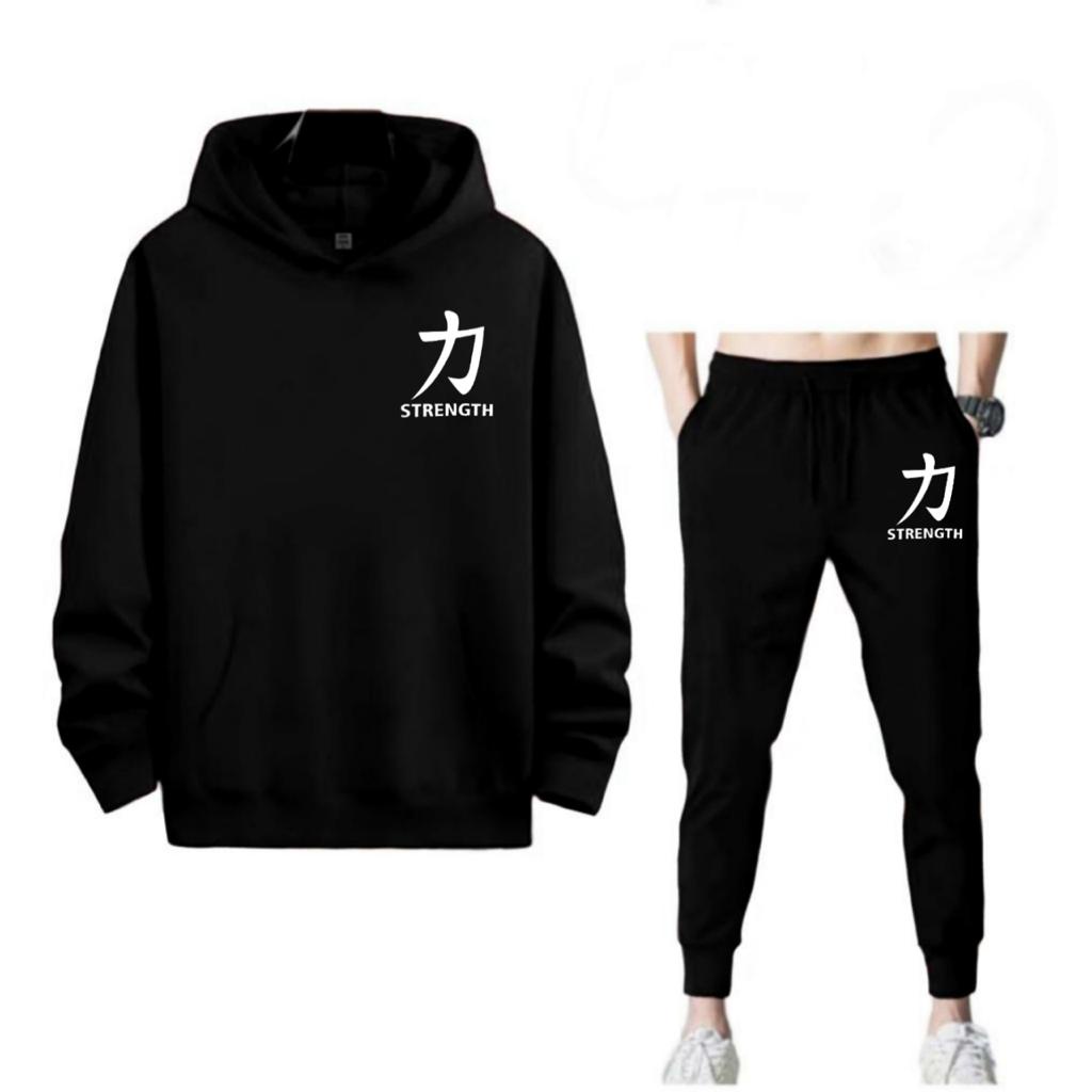 SETELAN STRENGTH TULISAN CINA JOGGER DAN HOODIE BAHAN TEBAL NYAMAN DIPAKAI TERLARIS