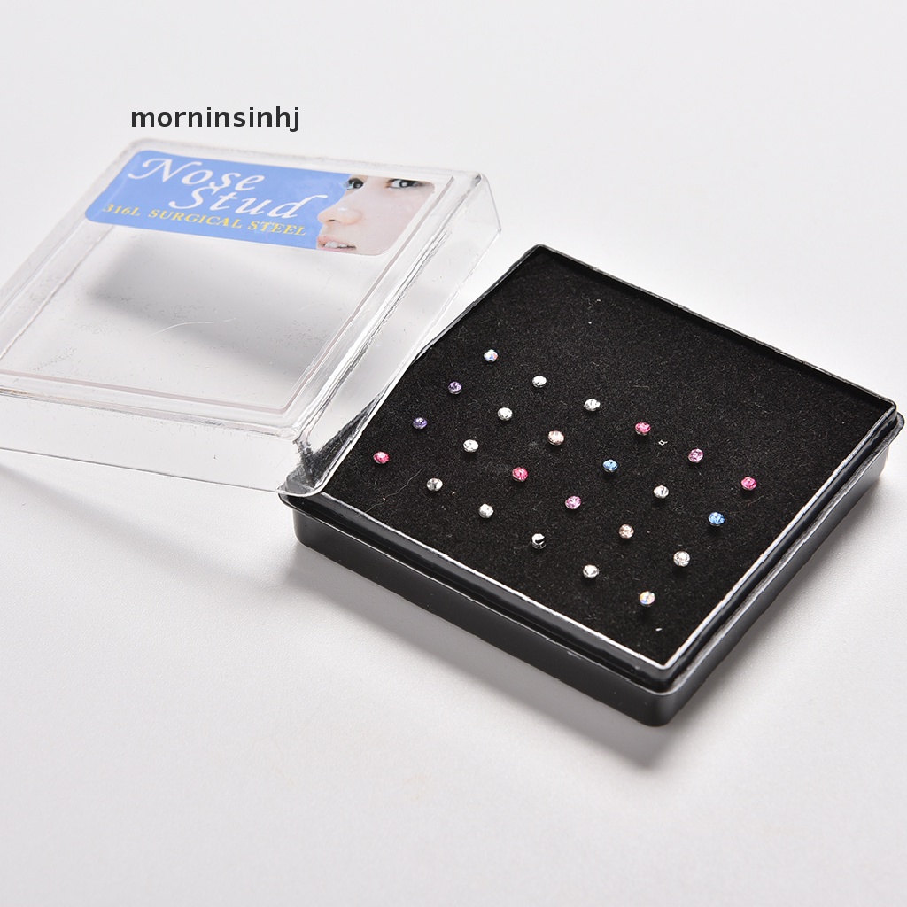 Mornin 24pcs Anting Tindik Hidung Bahan Surgical Steel Hias Berlian Imitasi Untuk Wanita