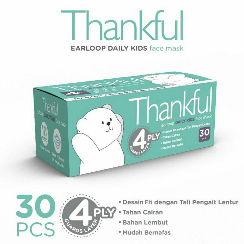 Masker Thankful 4 ply isi 30 - kids - warna putih