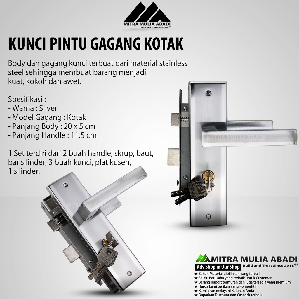 KUNCI PINTU RUMAH FULL SET GAGANG KOTAK PREMIUM KUALITAS TERBAIK 20cm