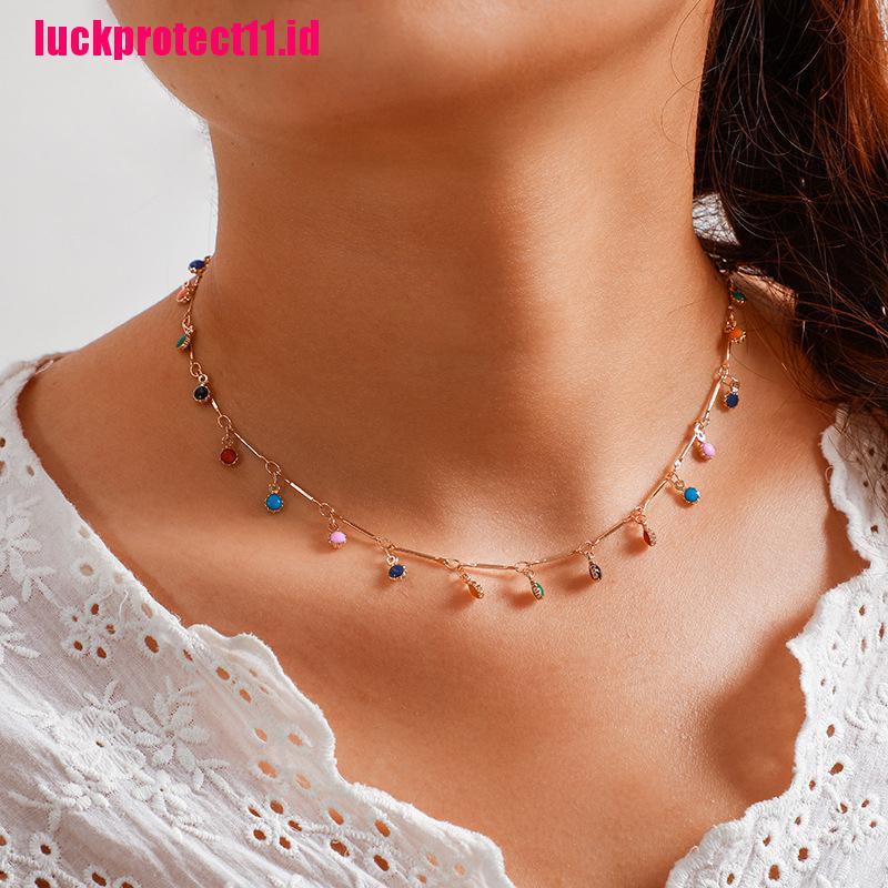 Kalung Rantai Choker Liontin Manik-Manik Rumbai Warna-Warni Gaya Boho Untuk Wanita