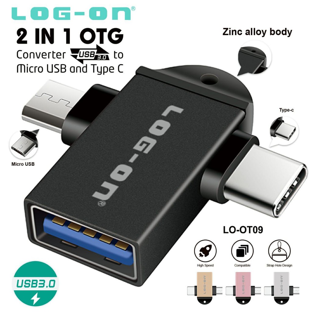 ADAPTOR OTG LOG ON LO-OT09 2 IN 1 USB 3.0 MICRO TYPE C (berhubung stok warna yg tidak tentu jadi random ya)