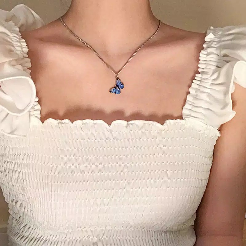 Kalung Korean Liontin Kupu-Kupu Fashion Wanita Model Korea Warna Biru