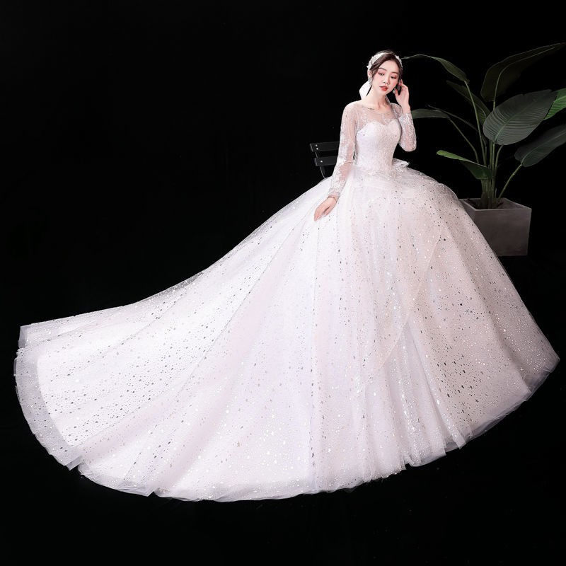 151 White Long Sleeve Long Tail Round Collar Bling Bling Women Wedding Party Gown Dress Bridal Gaun