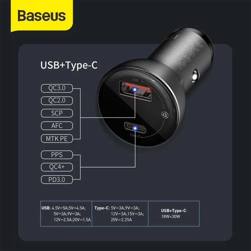 BASEUS Car Charger 45W 6A Quick Charge + PPS Dual Out USB+Type C All Metal