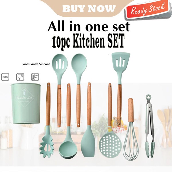 Kitchen set 10PC silicone utensil gagang kayu PREMIUM Tahan Panas