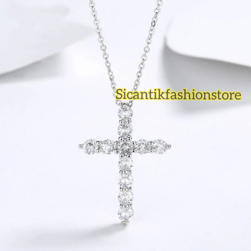 Kalung Salib Silver Kalung Titanium Liontin Salib Terlaris Anti Karat Tidak Luntur Fashion Wanita