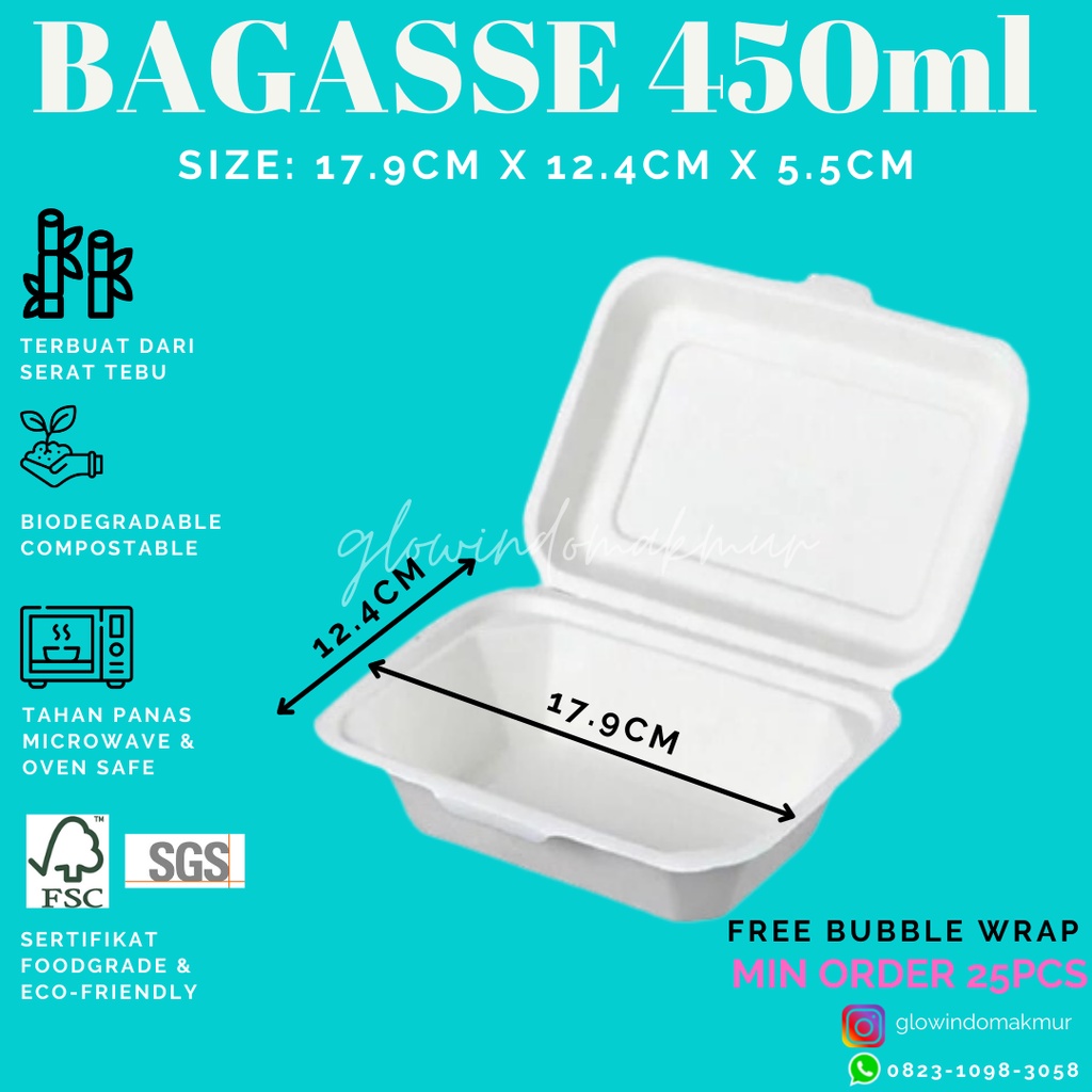 Bagasse Kotak 450ml Lunchbox Takeaway Sugarcane Serat Tebu ECO FRIENDLY