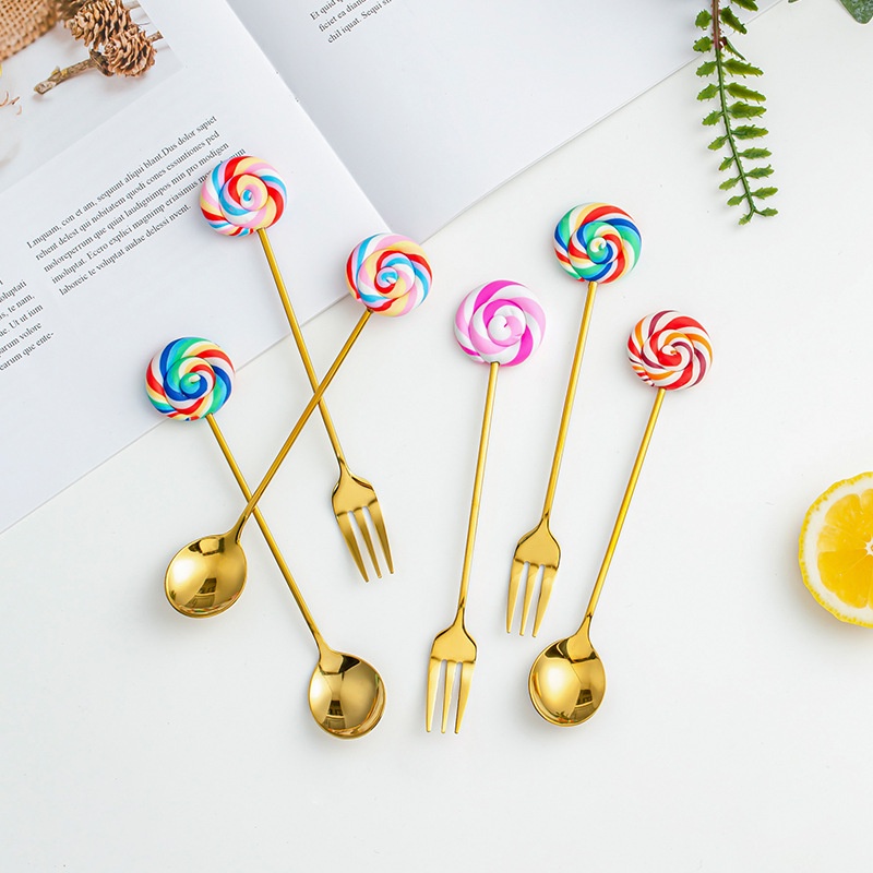 Stainless Steel Cute Lollipop Shape Spoon Fork With Long Handle /  Coffee Stirring Spoon Fruit Fork Dinnerware