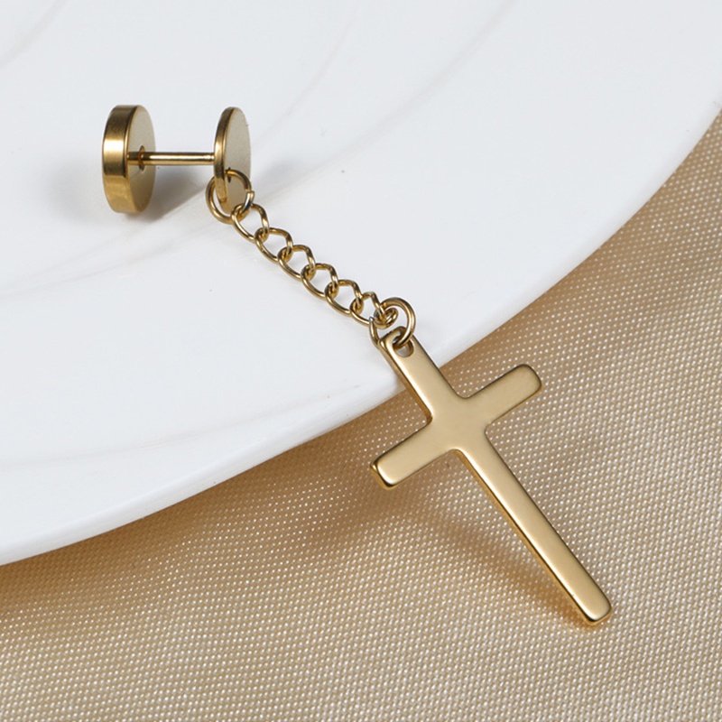 One Piece Korea Stainless Steel Cross Stud Anting-Anting Fashion Hitam Sendi Gaya Gothic Stud Anting-Anting Hip Hop Trendi Rantai Anting-Anting