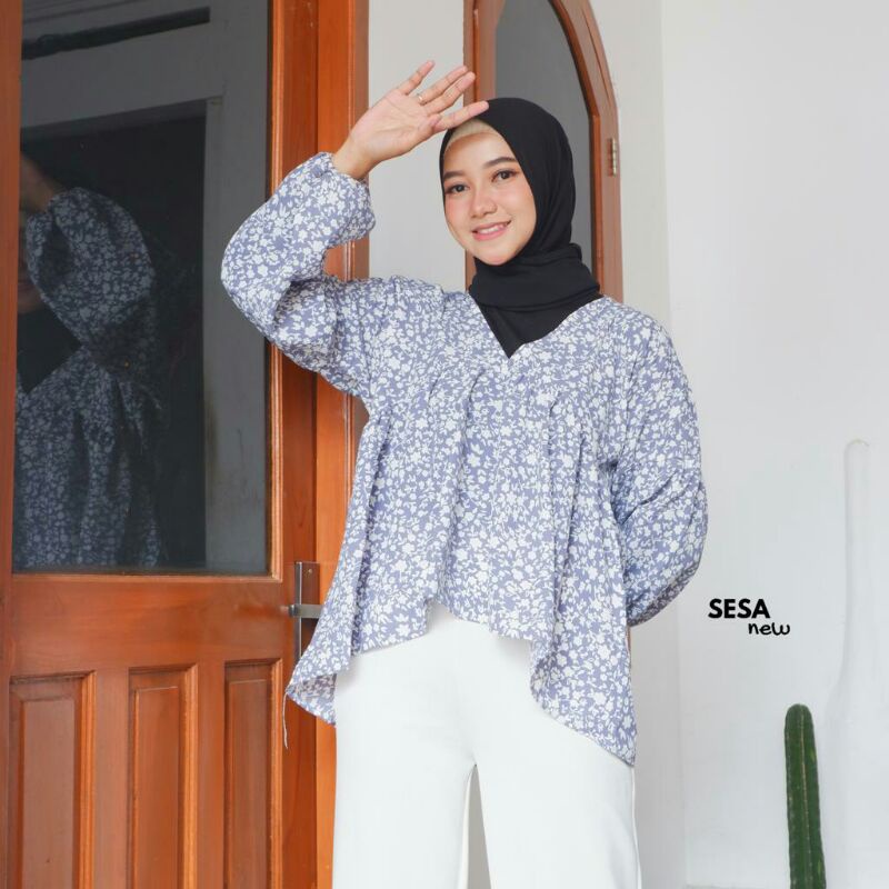 BLOUSE TARTAN LENGAN BALON MIZU KOREAN STYLE | KEMEJA MODEL FLANEL WANITA NUMMA-New Sesa Moshgrey