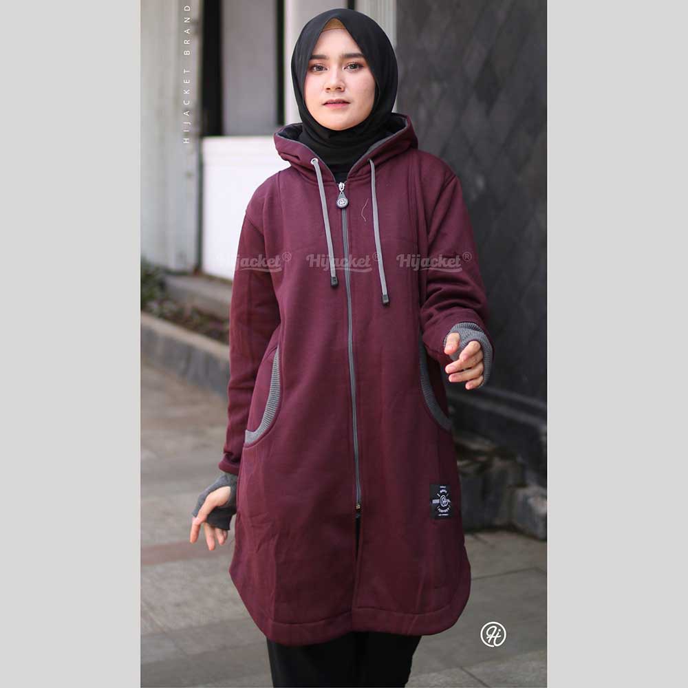 Jaket Jacket Wanita Cewek Cewe Hijaket Hijabers Muslimah Panjang Hoodie Hijacket Handsock ELK Ungu-XXL