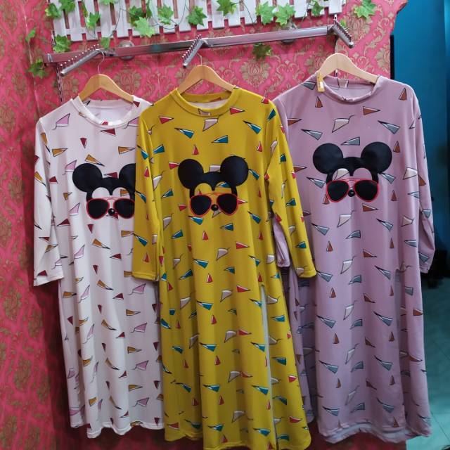 LONG TUNIK IMPORT PREMIUM MOTIF KACAMATA MICKEY / WARNA KUNING PUTIH PINK / BAJU IMPORT PREMIUM