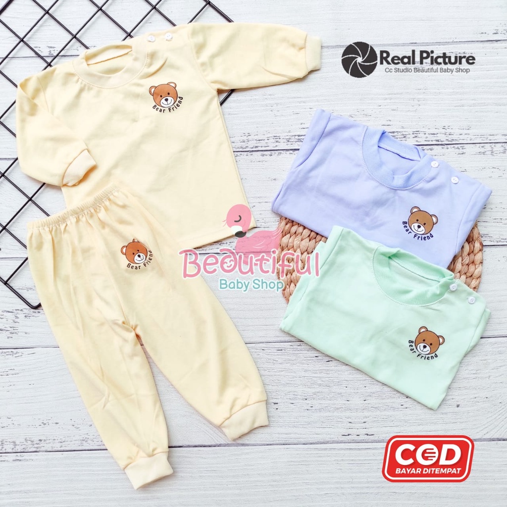 Setelan Baju Bayi Panjang Motif Polos Bear Usia 3 sd 18 Bulan/ Setelan Piyama Bayi / Baju Bayi Panjang / Baju Tidur Bayi / Baby.ou_