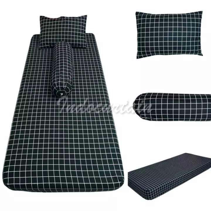 Sprei Motif Kotak-Kotak Grid Bahan Katun Ukuran King Queen/Single