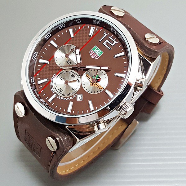 Jam Tangan Pria / Cowok Tag Heuer Chrono Aktif Leather Full Brown