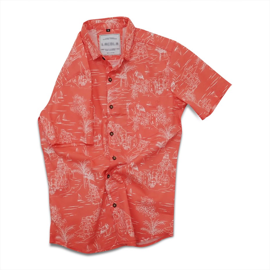 Kemeja Kasual Pria, Motif Alam Warna Pink-Putih, Ukuran M L XL